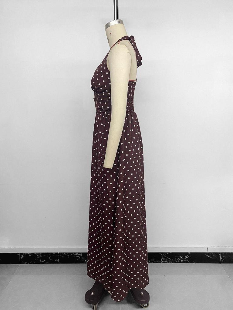 2026 Sexy Retro Polka Dot Halter Neck Dress: European & American Style, Slim Fit, Deep V-neck, Spaghetti Straps.