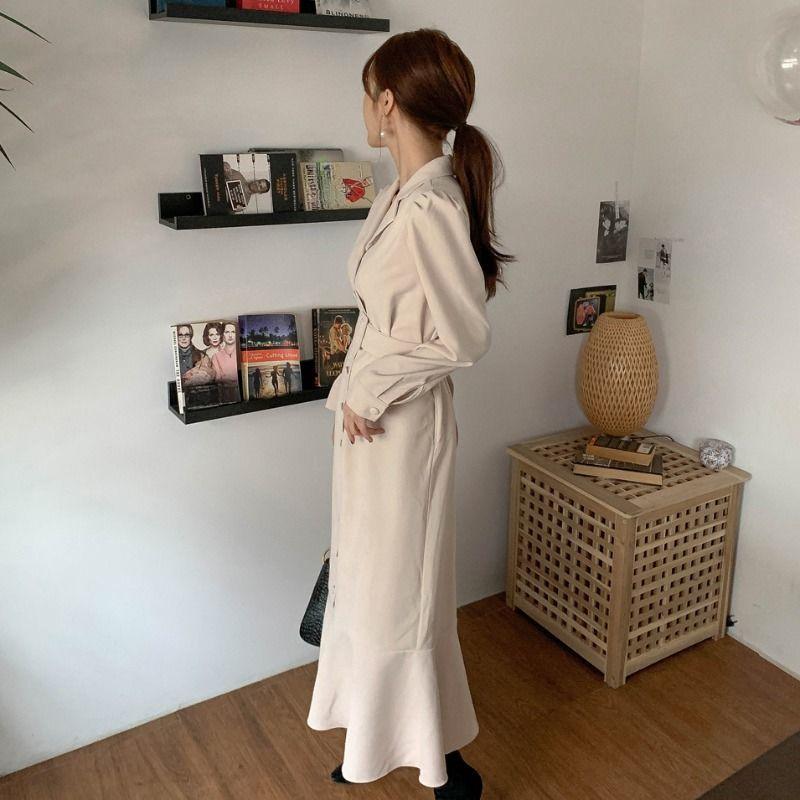 Long Suit Collar Dress Gift Belt Slimming Up The Waist Temperament Long Sleeved Fishtail Long Skirt Commute Spring Autumn