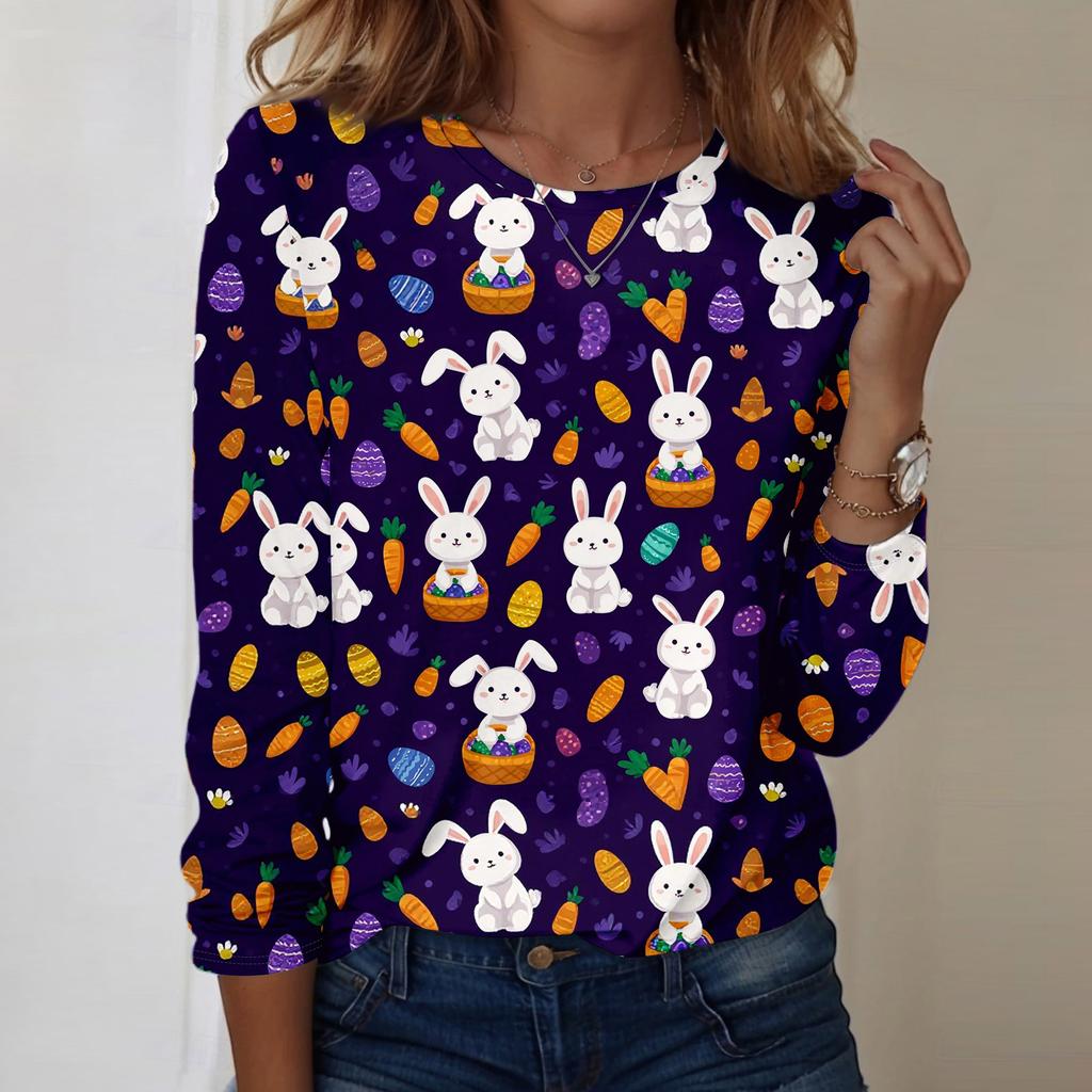Women's Daily Casual Long Sleeved Easter Printed Round Neck Top