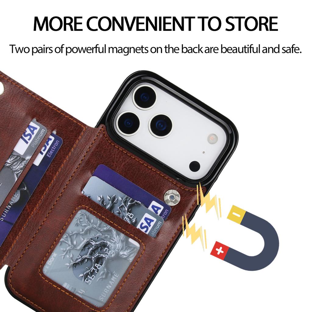 Suitable for Phone17  multiple phone models, Crazy Horse pattern double buckle phone leather case, Apple 16e/15 card insertion sticker protective case