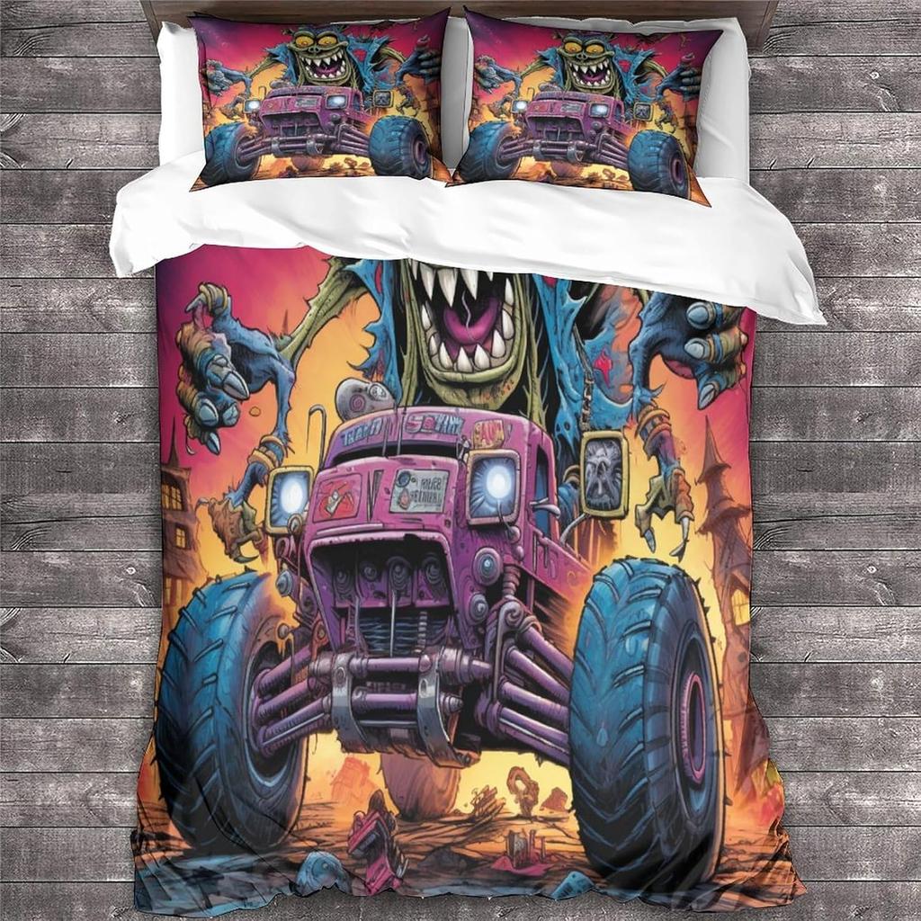 Monster Truck Duvet Quilt Cover Set And Pillowcases, 3D Cartoon Design Pattern Lightweight Microfiber Vintage Car Bedding Sets