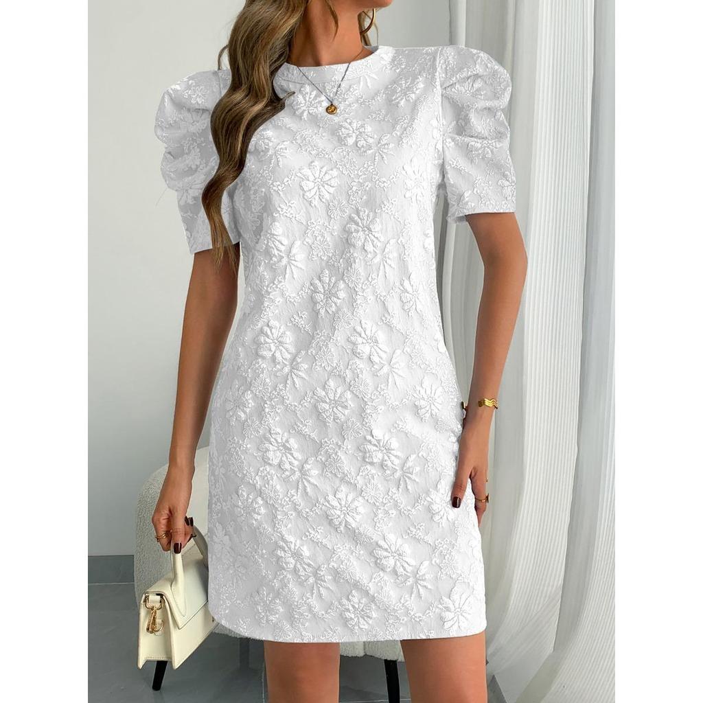 Textured Jacquard Women New Style Summer Vintage Dresses Round Neck Bubble Sleeve