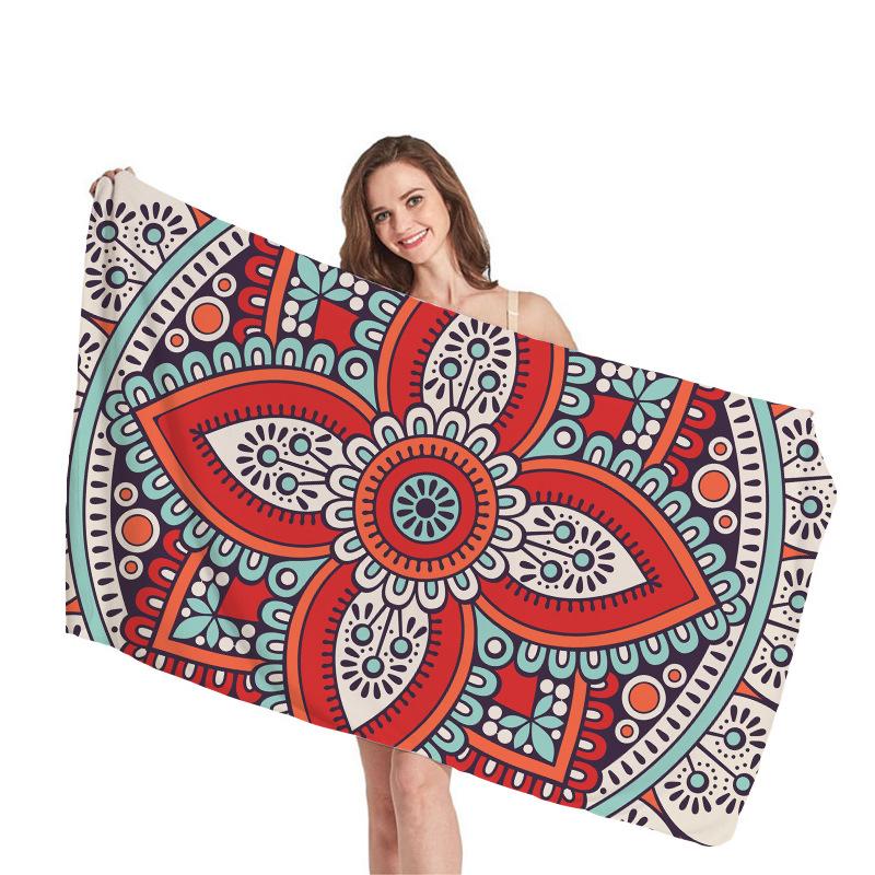 Ethnic Mandala Geometry Digital-printed Polyester Superfine Fiber Double-sided Fleece Beach Vacation Bath Towel, Beach Towel