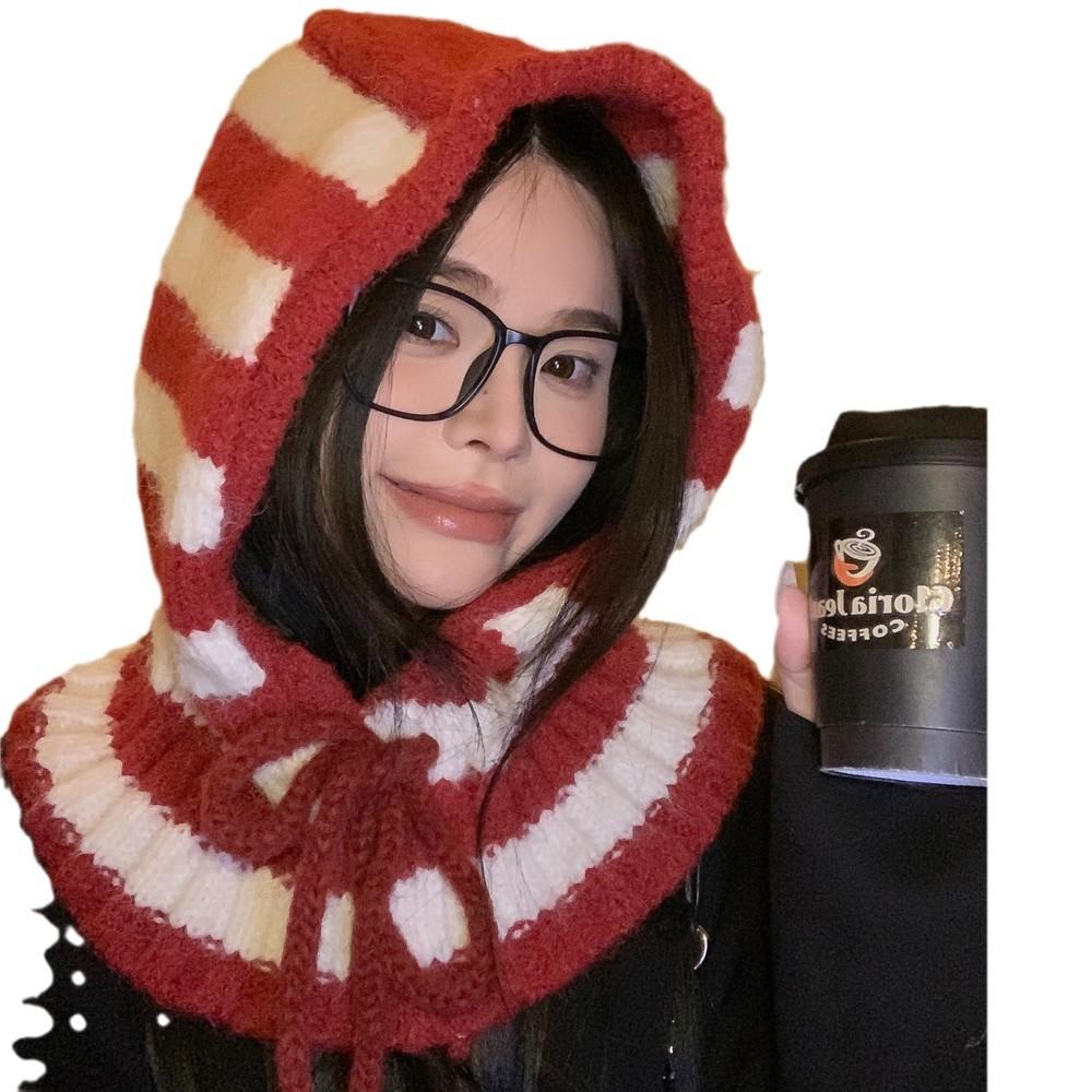 Striped Balaclava Hat Women's Autumn and Winter Cold and Warm Scarf Integrated Knitted Wool Hat Big Head Circumference Versatile