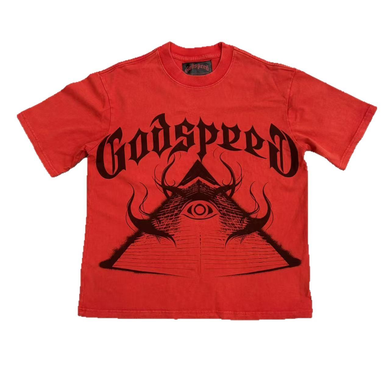 Cross-border beauty tide GODSPEED all-seeing eye pyramid gothic letter print loose short-sleeved T-shirt S