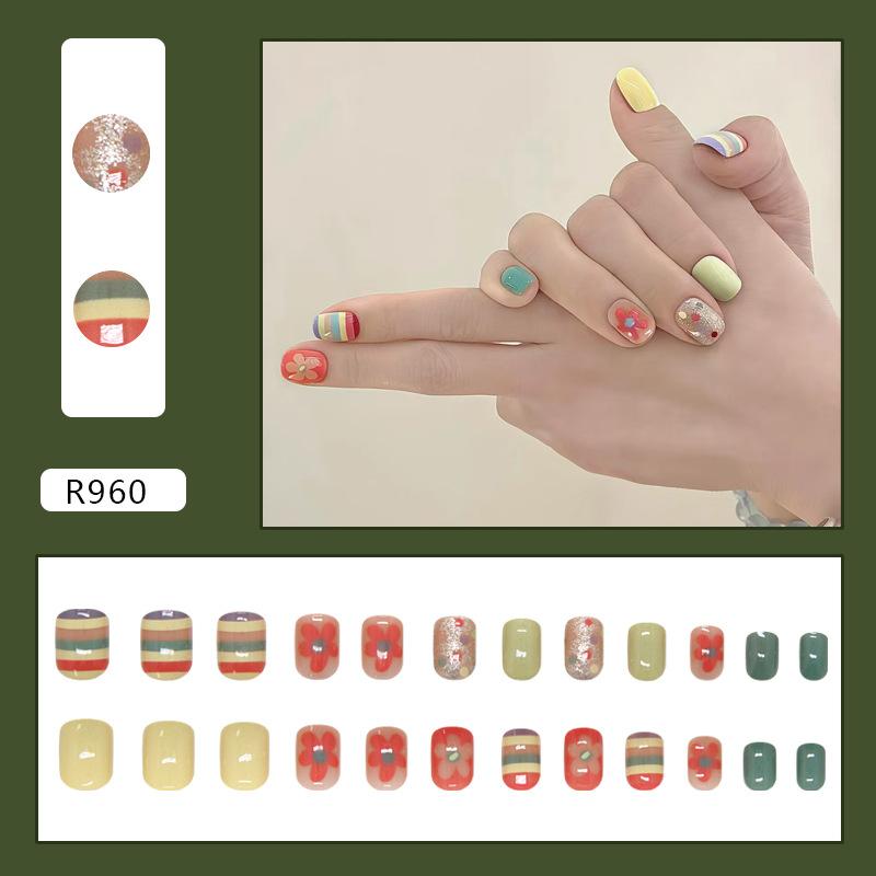 

Dopamine wavy dots, small flowers, fine glitter stripes, sweet fake nail patches, removable manicure patches, 24 pieces