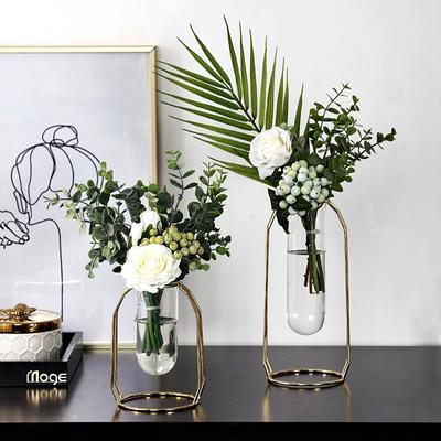 Nordic Styles Gold Wrought Iron Metal Hydroponic Vase Glass Test Tube Vase Geometric Flower Vase for Home Living Room Decor