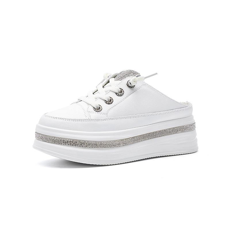 thick-soled muffin, little white shoes, women's outer wear, baotou drag, new fashionable rhinestone, lazy one pedal and half drag