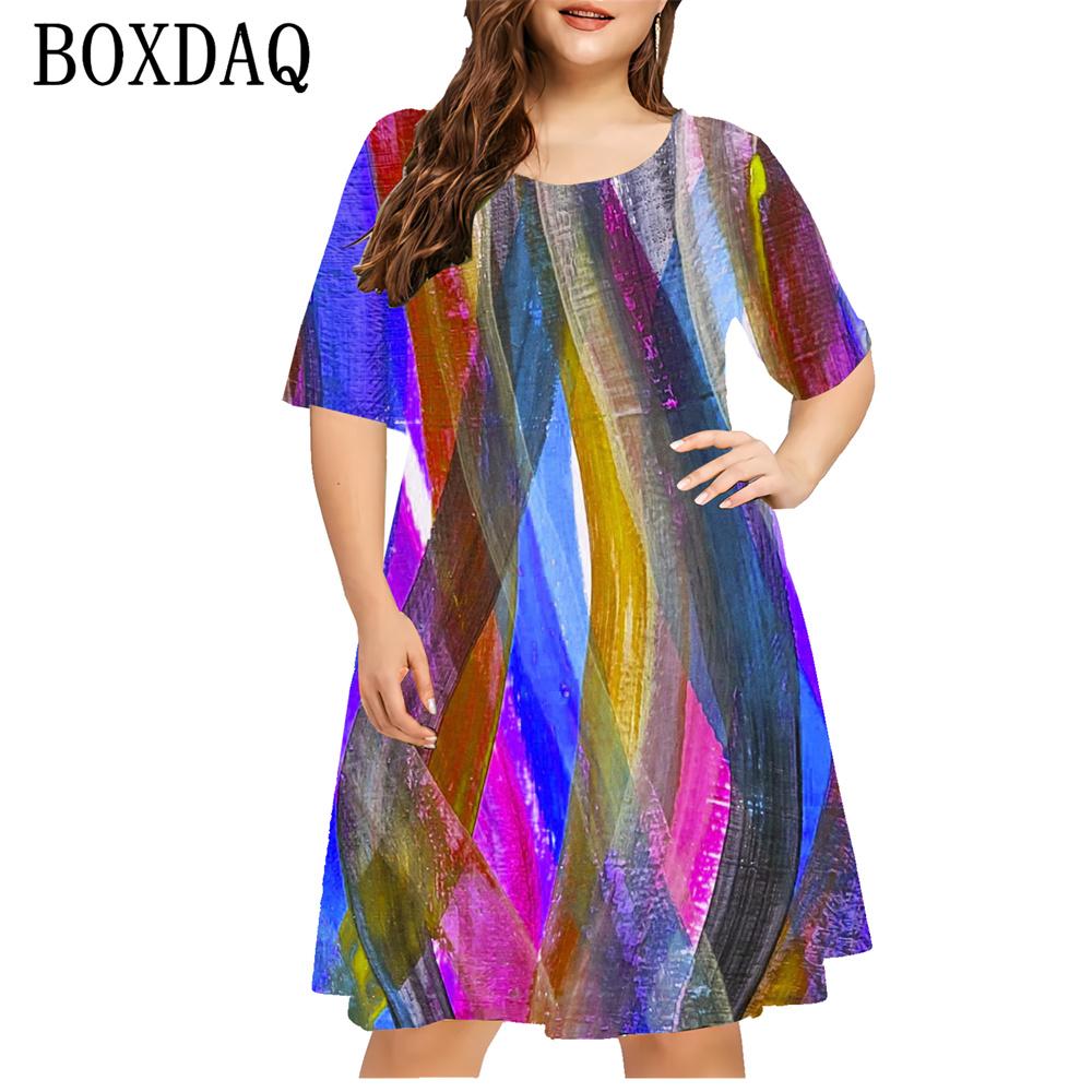 

Women s Gradient Painting Striped 3d Printing Dress Fashion Casual Short-sleeved Loose Dress Ladies Summer Women s Clothes 6XL
