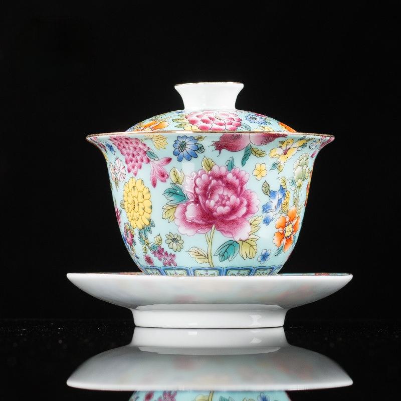 Handmade Kung Fu Gaiwan Ceramic Hand-painted Tea Tureen Tea Set Office Tea Bowl with Saucer Sancai Gai Wan