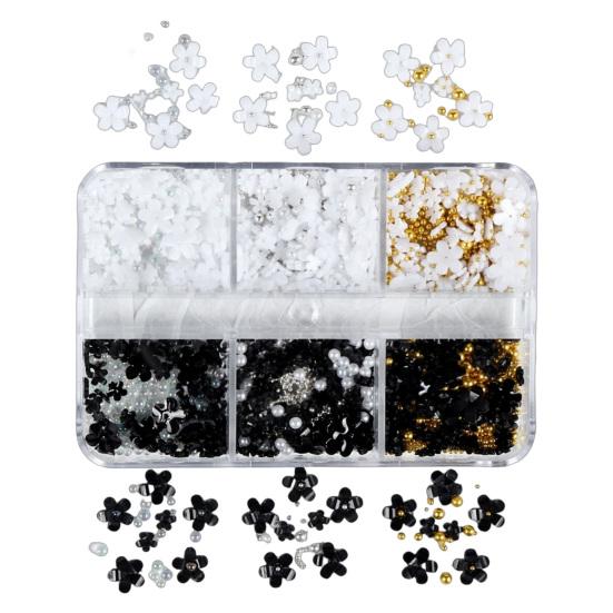 1 Box 3D Flower Nail Art Charm 6 Grids Resin Floral Charms Golden Beads DIY Nail Design Jewelry Crafts Manicure Decoration Accessories