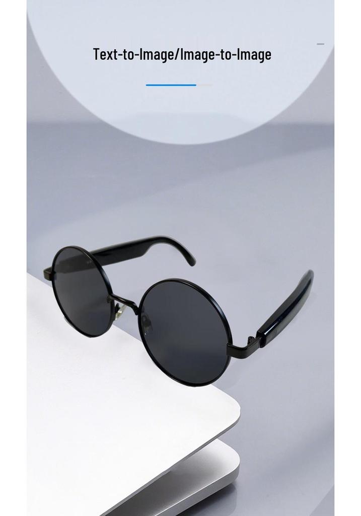 AI Smart Glasses with Bluetooth Calling & Music, Retro Oval Frame Sunglasses, Black Technology