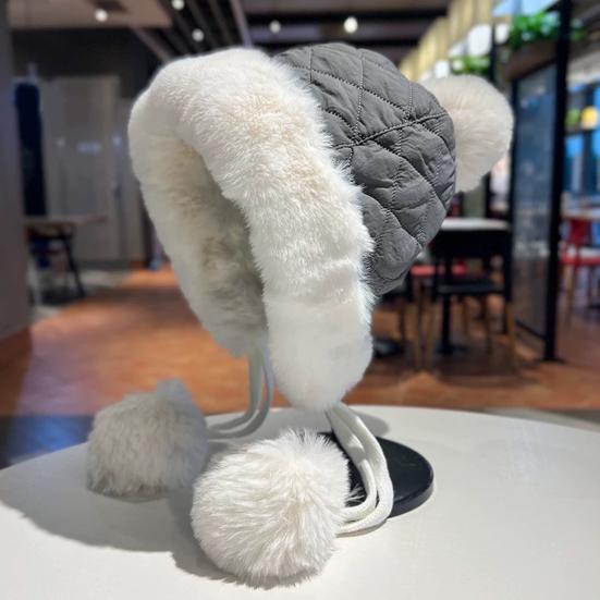 Women Quilted Hat Winter Padded Warm Hat with Cute Pom Pom Ear Protection Fuzzy Hat with Drawstring for Autumn Winter Street Daily Wear