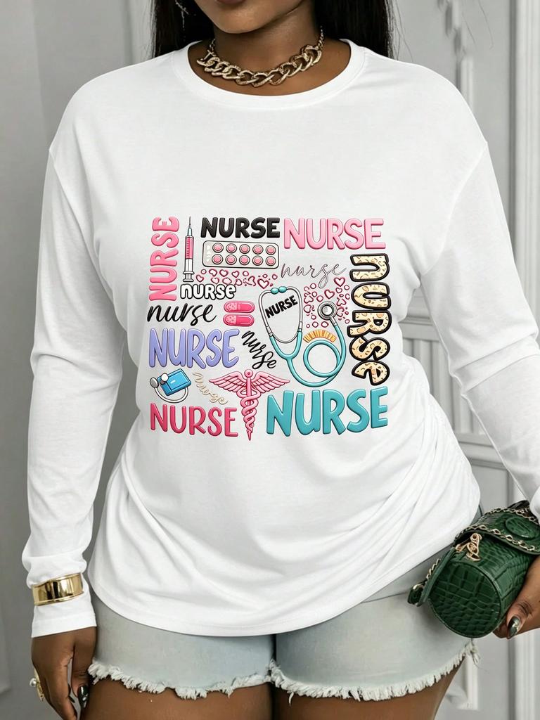 Casual Long-Sleeve Top Featuring A 'Nurse' Print Comfortable, Durable, And Versatile For All Seasons