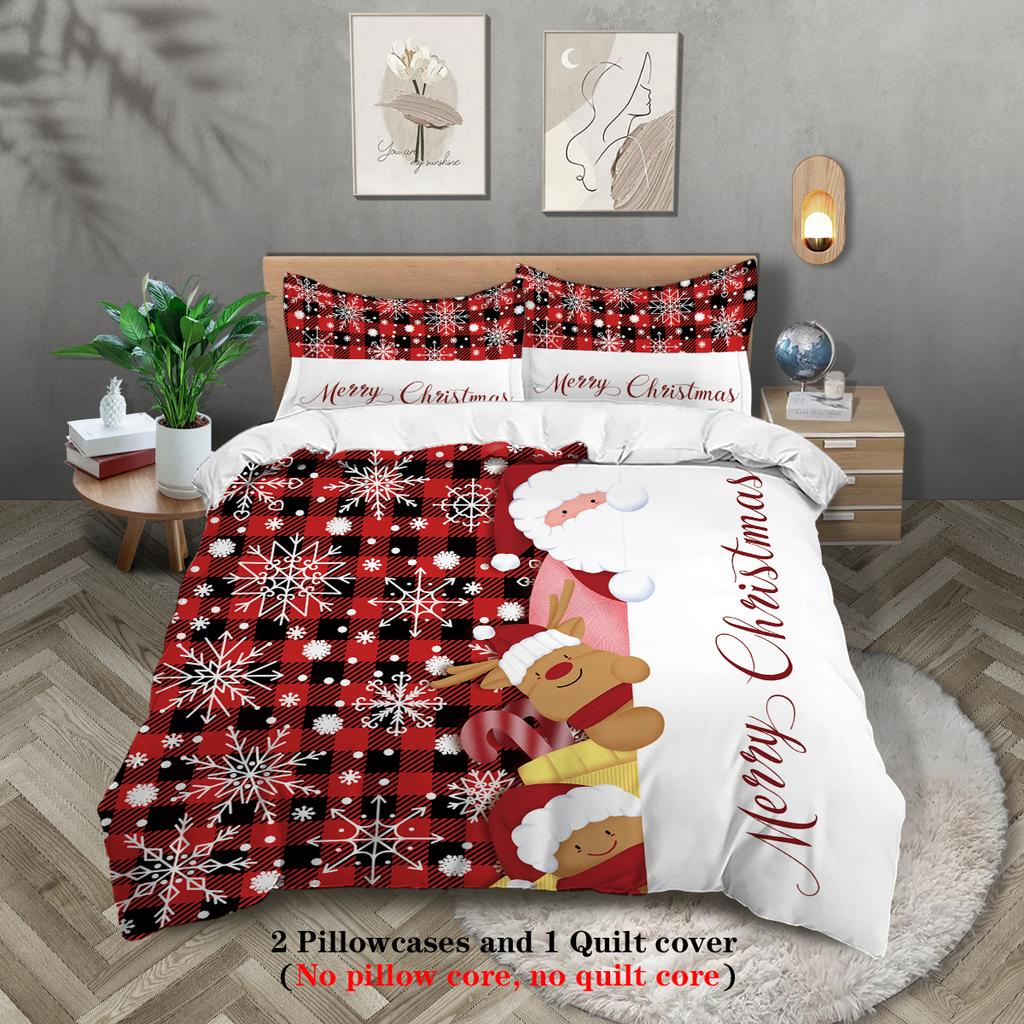 3-piece Christmas themed red checkered reindeer Santa Claus pattern print (1 duvet cover+2 pillowcases, no core) bedding set