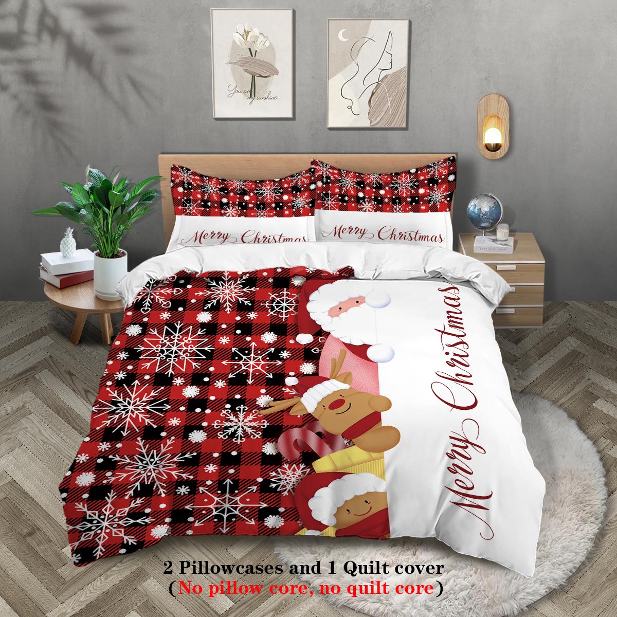 

3-piece Christmas themed red checkered reindeer Santa Claus pattern print (1 duvet cover+2 pillowcases, no core) bedding set 135x200cm-EU-Single