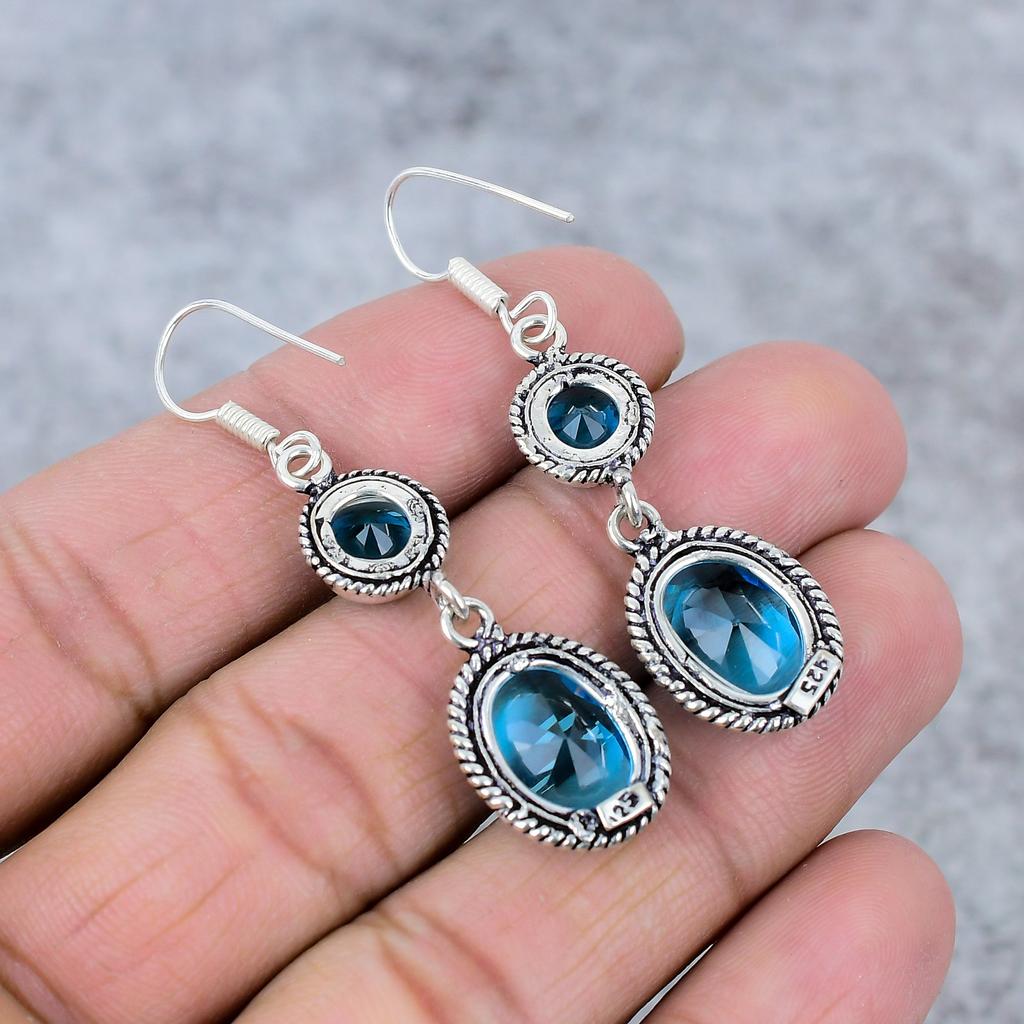 Swiss Blue Topaz Gemstone Handmade 925 Sterling Silver Earring 2.56" M-337