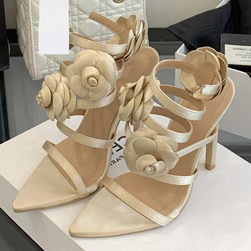 Eilyken Design Style Flower Thin High Heels Women Sandals Pointed Toe Ankle Strap Banquet Prom Summer Shoes
