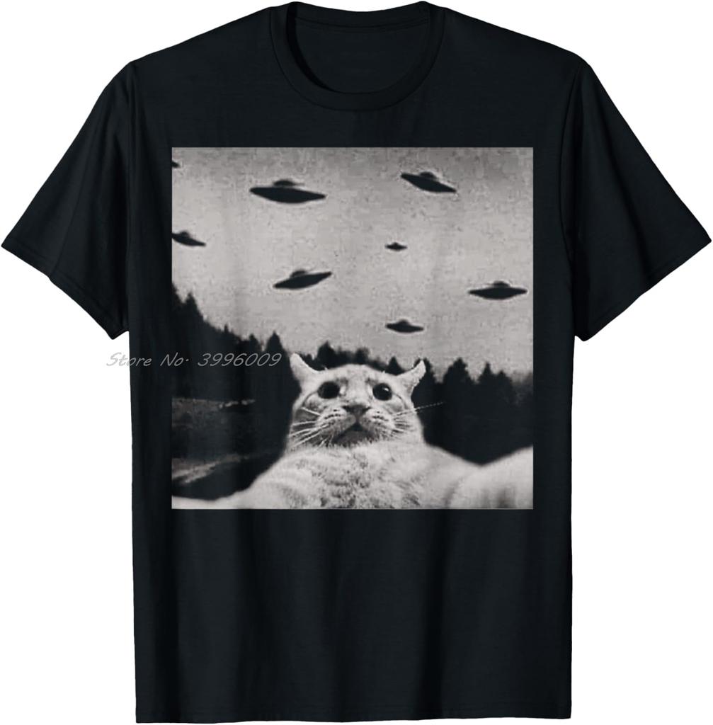 Camiseta Alien Cat UFO Clássica gola o Preta Adulto Camisetas Para Mulheres Moda Verão Camiseta de Algodão Casual Camisetas Roupas Masculinas