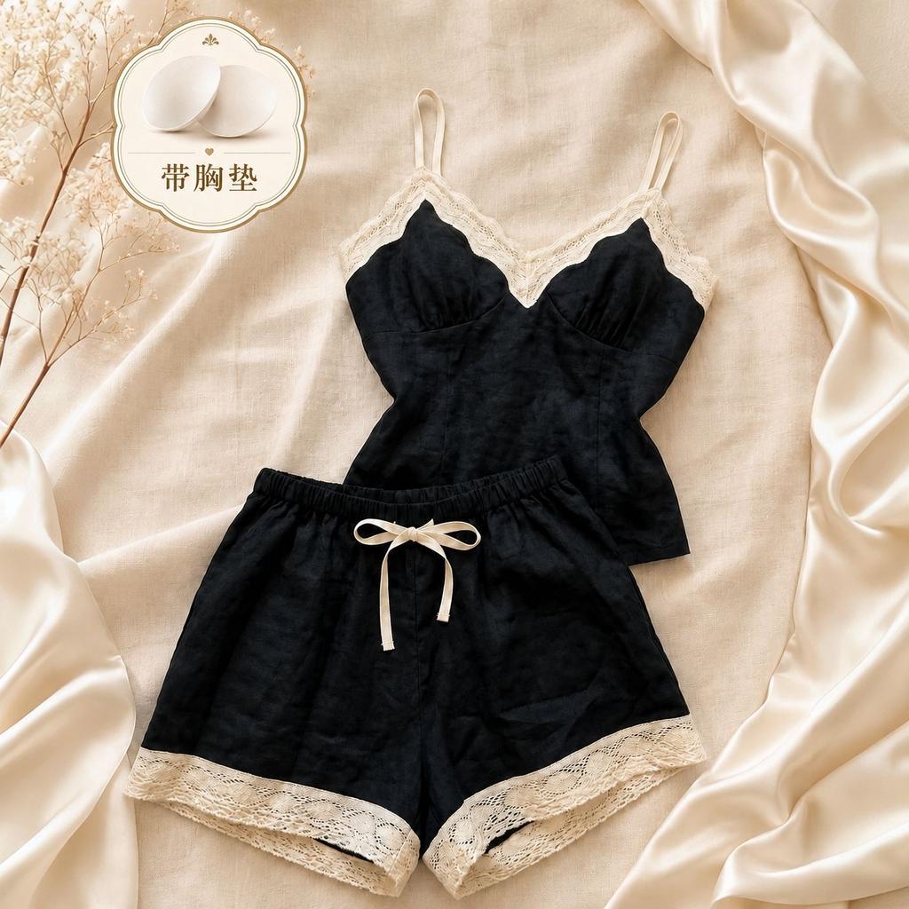 French pure desire girl V-neck lace pajamas women's summer new short-sleeved shorts cool with chest pads loungewear set