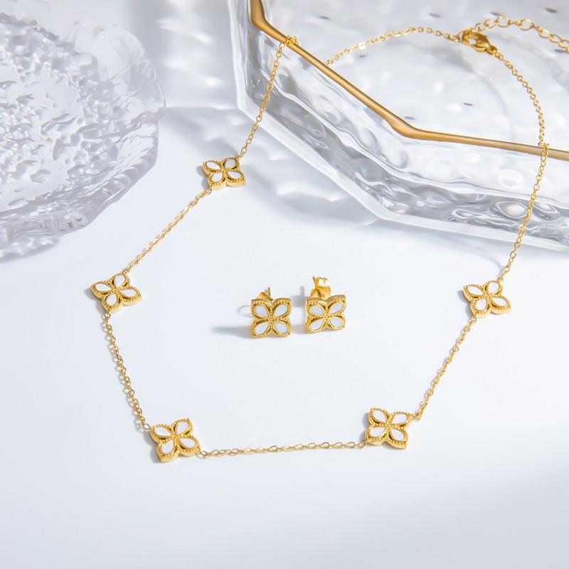 Stainless Steel Four Leaf Clover Necklace Earring Set Women Lightweight Hypoallergenic Jewelry Elegant Minimalist