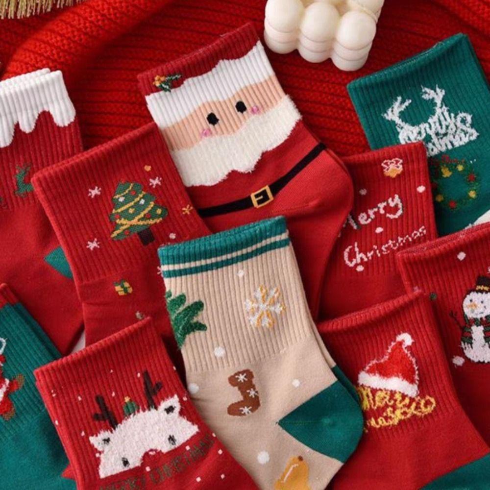 5Pairs Elk Christmas Socks Snowman Santa Claus Tube Sock Classic Cotton Socks Women  Christmas