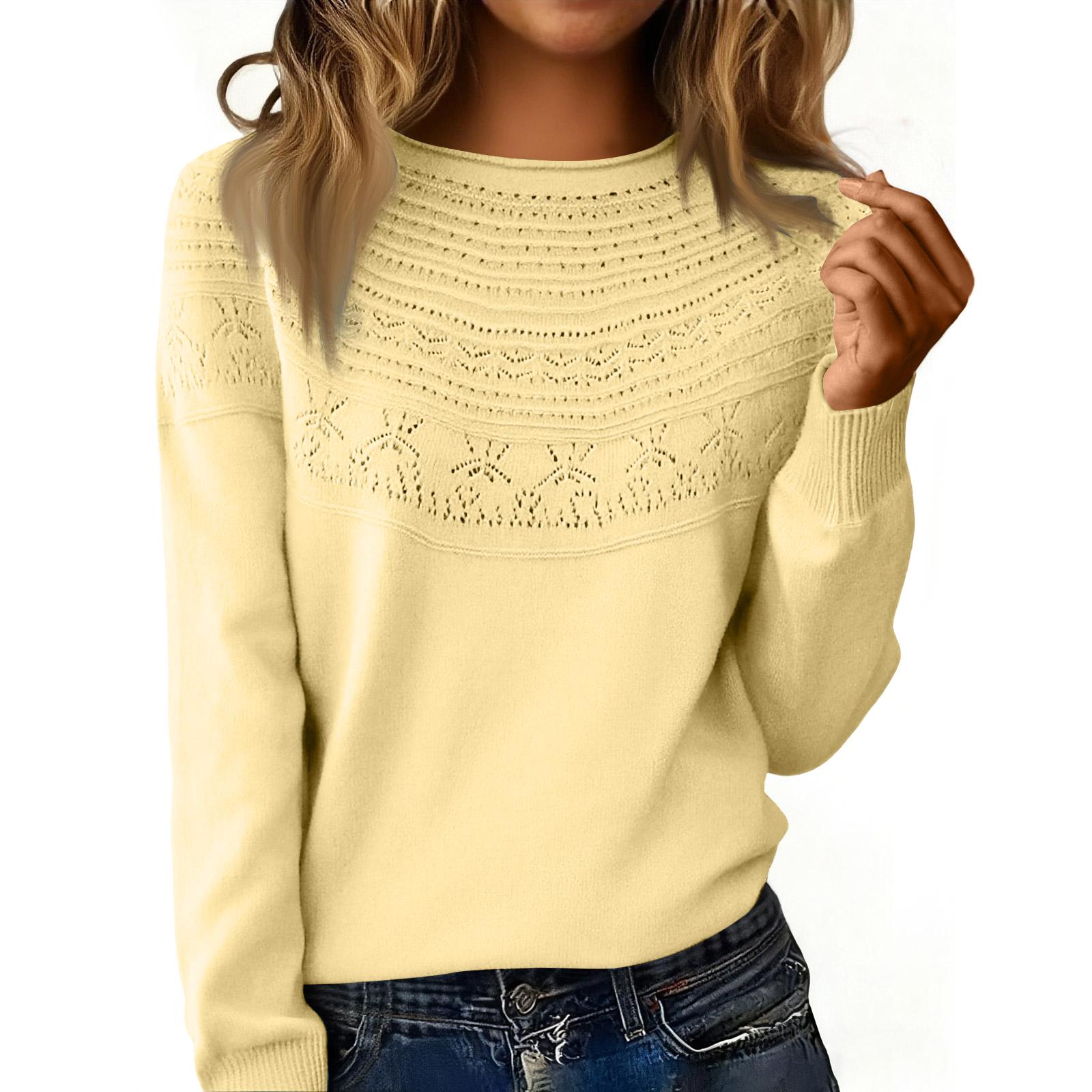 

Women s Fashion Rolled-Collar Round Neck Lace-Up Pullover Knit Sweater Long Sleeve Solid Color Sweater XL жёлтый