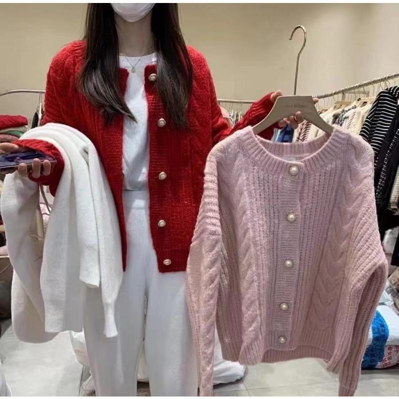 Spring and Autumn Short Twist Sweater Cardigan Women's Loose Lazy Wind Crew Neck Sweater Women's