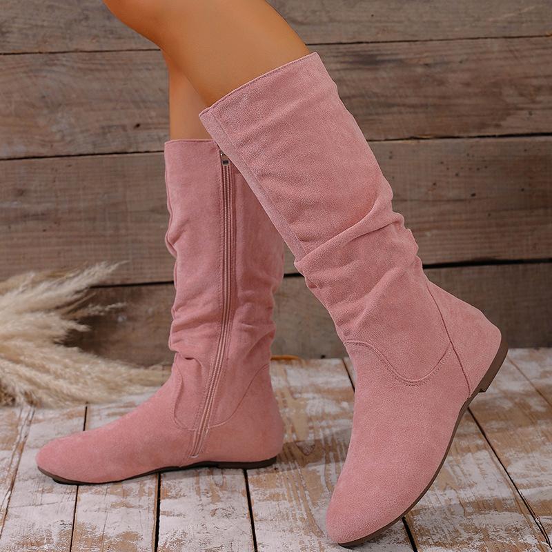 Women's Plus Size Mid-Calf Combat Boots with Side Zip and Slouchy Pleated Detail – Autumn Winter New Arrival Genuine Leather Ankle Boots