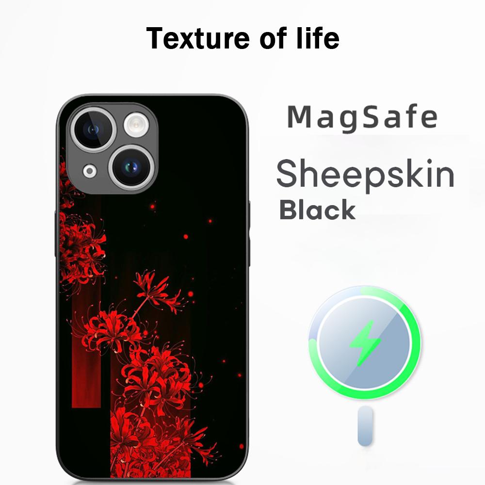 Japan art red spider lily pattern Phone Case For iPhone 17 16 15 14 13 12 Plus Pro Max  High-end Luxury Magsafe Sheepskin