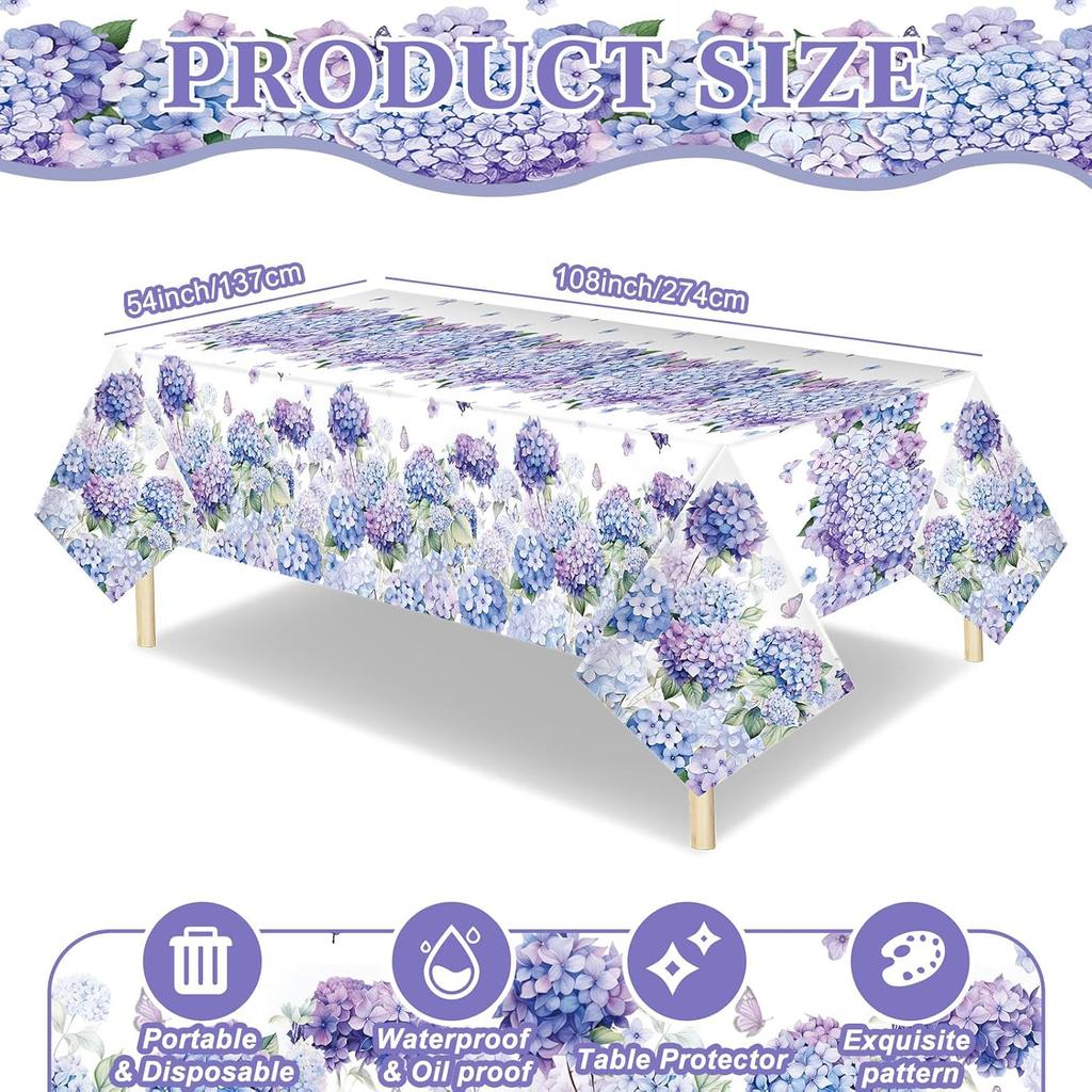 Peryiter 3 Pcs Spring Hydrangea Plastic Tablecloths Watercolor Flower Butterfly Tablecloth Disposable Table Cover Floral Table Cloth for Easter