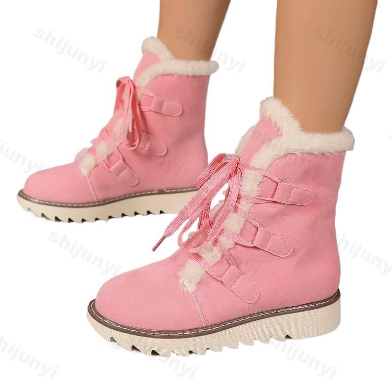Large Size Women's Snow Boots 2025 Autumn Winter New Plush Thicken Lace Up Cotton Boots Comfortable Outdoor Non Slip Warm Shoes