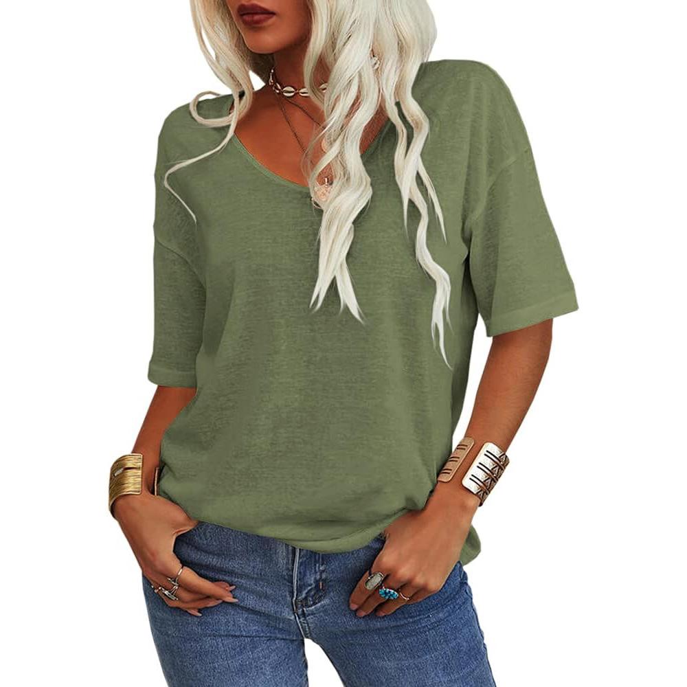 Camiseta feminina gola V casual verão manga curta top solto cor sólida camiseta