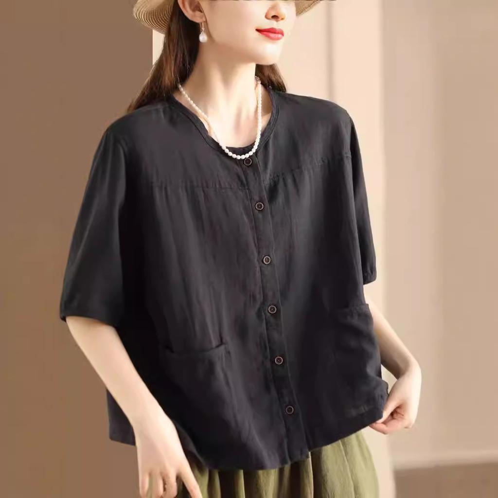 Summer Retro Literary Cardigan Cotton and Linen Shirt Pocket Design Women's Casual Single-breasted Short-sleeved Temperament