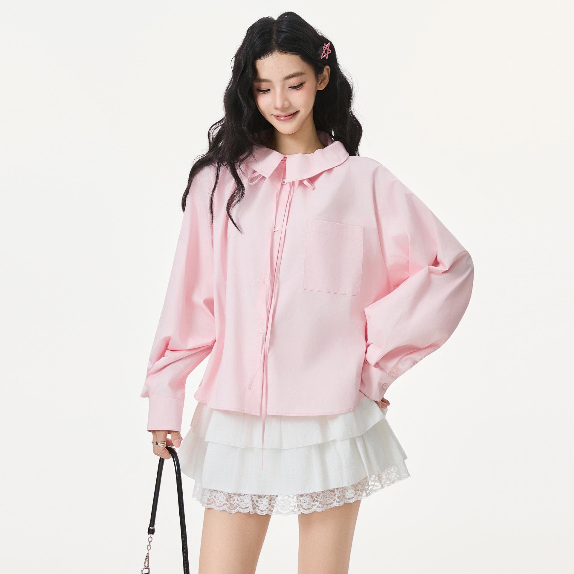 Women s Autumn Loose Fit Pink Lantern Sleeve Shirt with Korean Style Lapel Collar F (Free Size) розовый