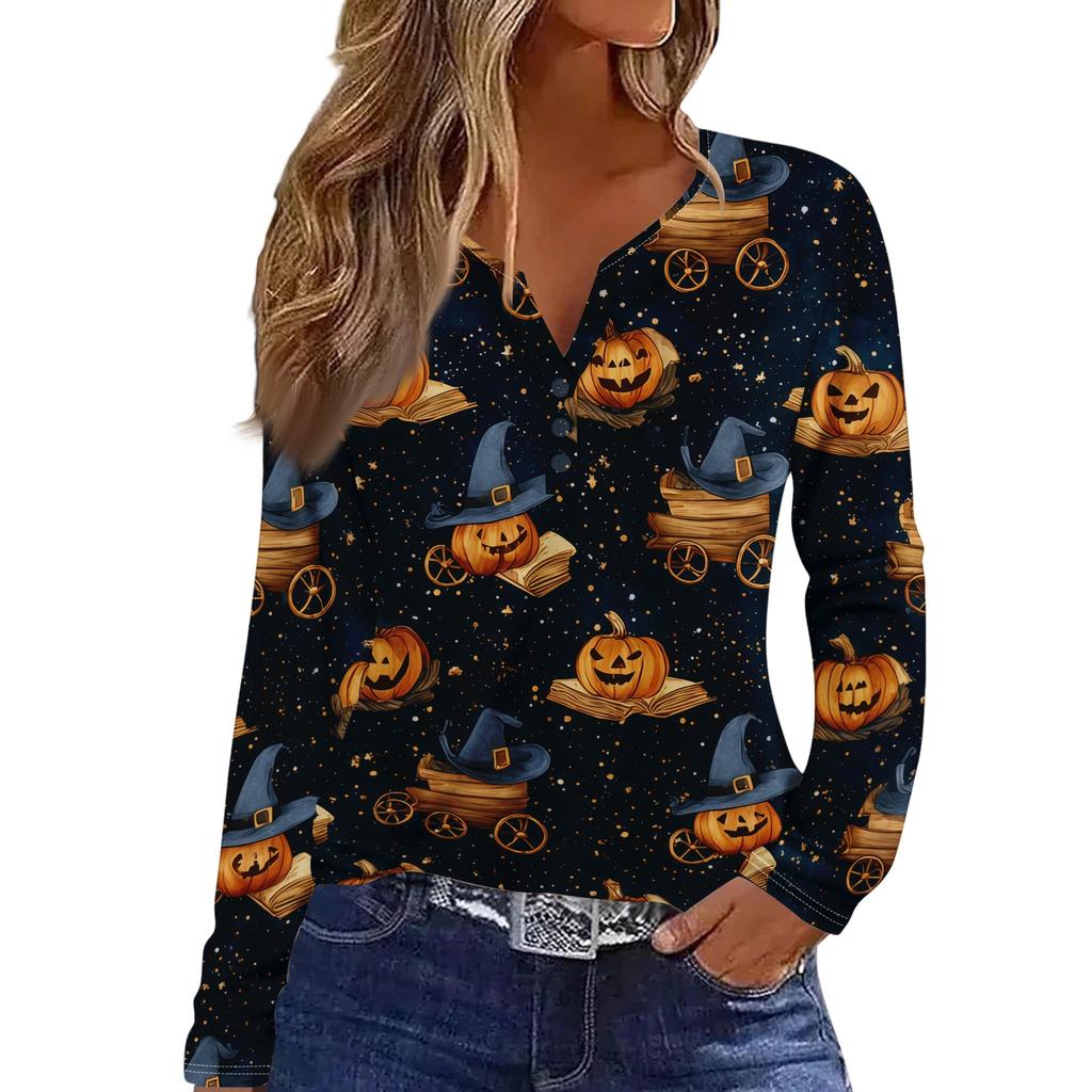 Women's Long Sleeve V-Neck T-Shirt with Button and Halloween Print Casual Top