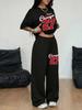 Amerikanischer Retro Street Trend Cool Buchstabendruck Kurzarm-T-Shirt Weite Hosen Set Damen Lässig Locker Sport Zwei Teile