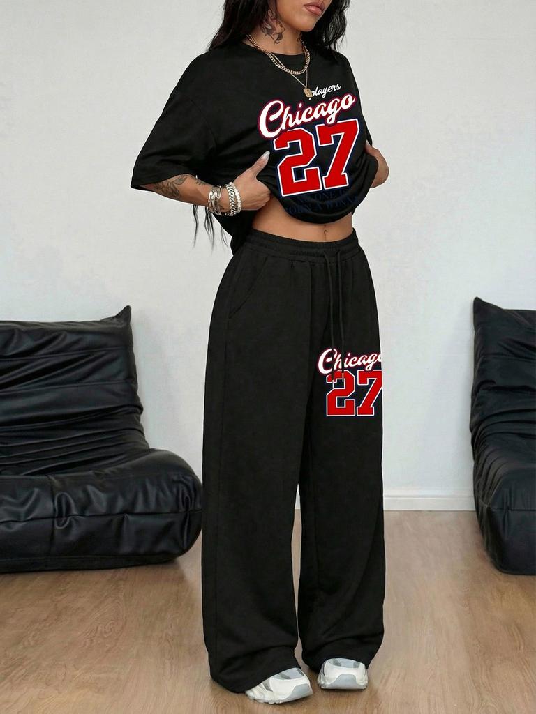 Amerikanischer Retro Street Trend Cool Buchstabendruck Kurzarm-T-Shirt Weite Hosen Set Damen Lässig Locker Sport Zwei Teile