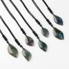 Natural Elongated Leaf Shape Plant Flowers Theme Polished Pendant DIY Necklace with Sweater Chain Labradorite