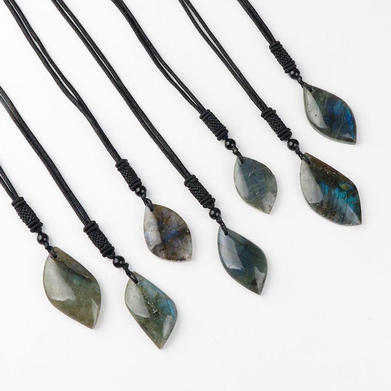 Natural Elongated Leaf Shape Plant Flowers Theme Polished Pendant DIY Necklace with Sweater Chain Labradorite