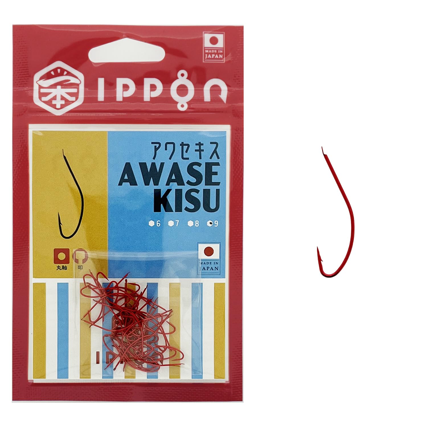 

IPPON (1) Awasekiss Red Coat Hooks, Size 6 (46 pieces) - Size 9 (46 pieces) Kisu Hooks, Made in Japan (Size 946 pieces)