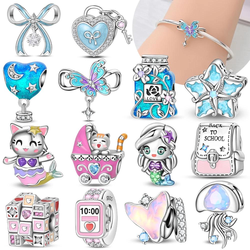 Original Pink Cat Mermaid Cube Blue Perfume Bottle Butterfly Charmcopper Bead Fit Bracelet Women Jewelry Diy Fine Gift