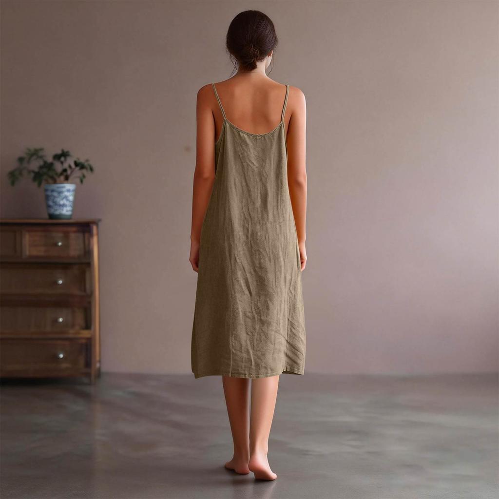 Damenmode Lässig Locker Ärmelloses Tanktop Baumwolle-Leinen Mittellanges Kleid