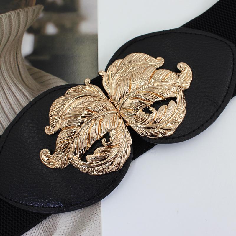 Elastic Belt Women'S Dress Down Jacket Coat Decorative Gold Leaf Pair Buckle Elastic Wide Waist Seal