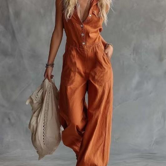 2026 New Amazon Independent Station European and American Casual Fashion Western Style V-neck Front Buckle Sleeveless Linen Jumpsuit