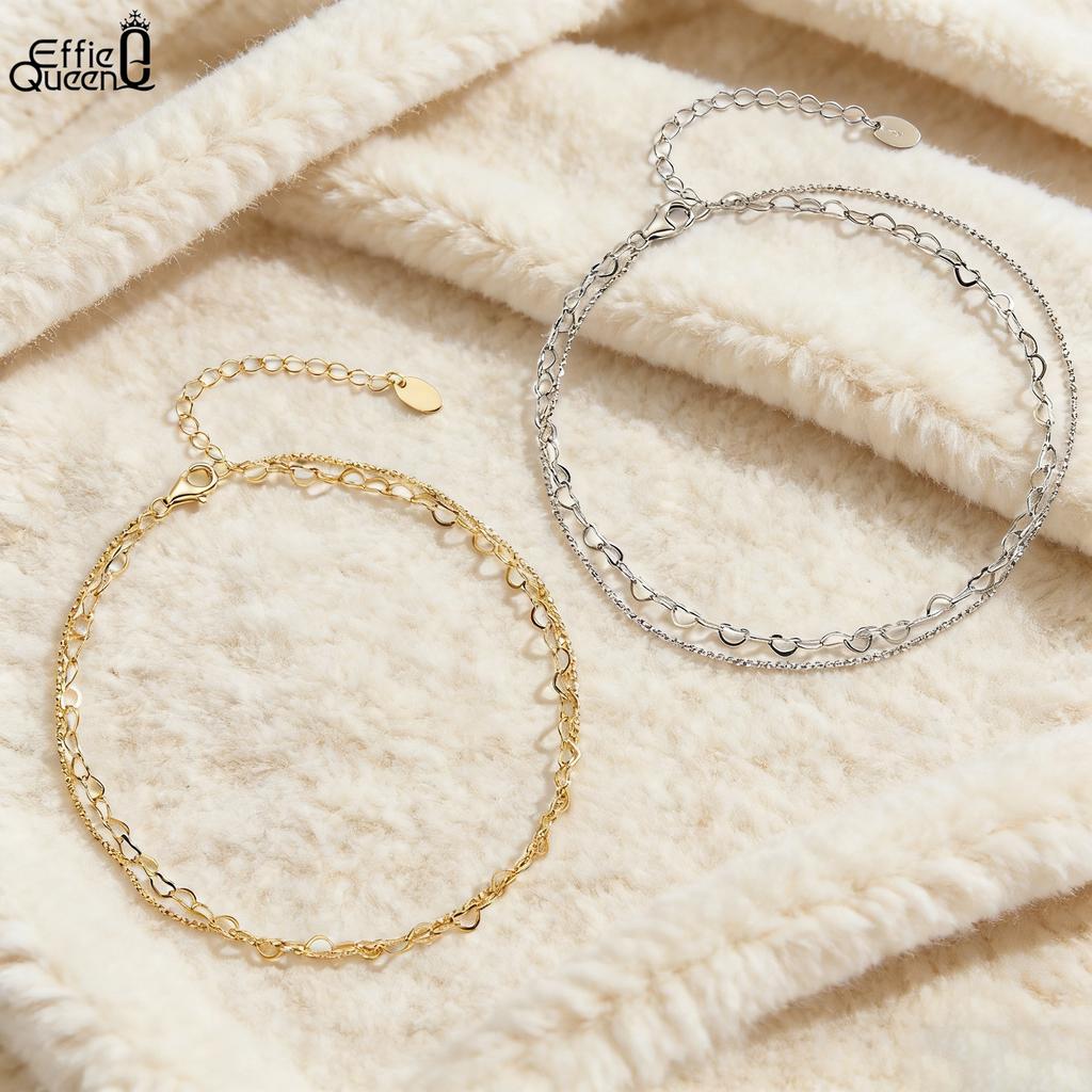 EFFIE QUEEN 925 Pure Silver 14k Gold Heart Shaped Beads Ball Chain Anklet Romantic Jewelry for Women Summer Beach Banquet SA66
