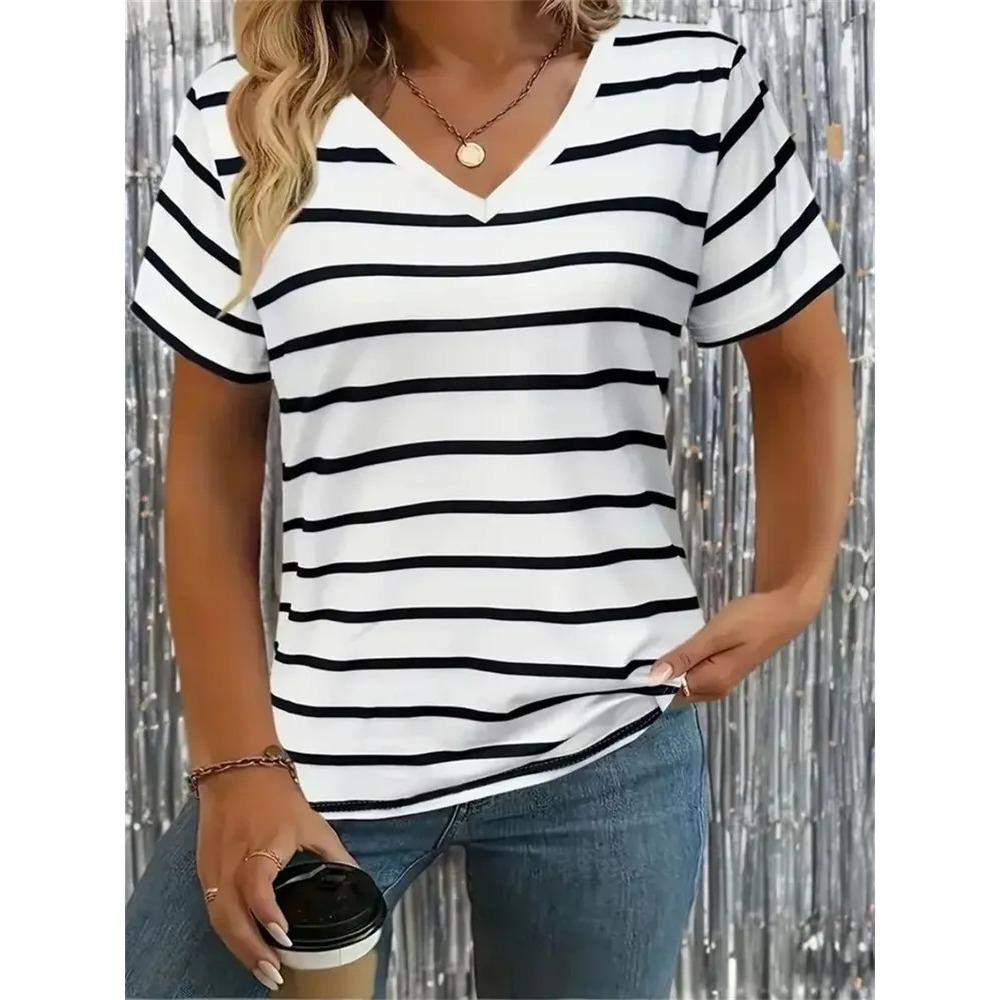 Fashion Retro Stripes 3D Personality Printed Summer T-shirt Women's Loose Comfortable Soft Breathable V-neck Short Sleeved T-shirt