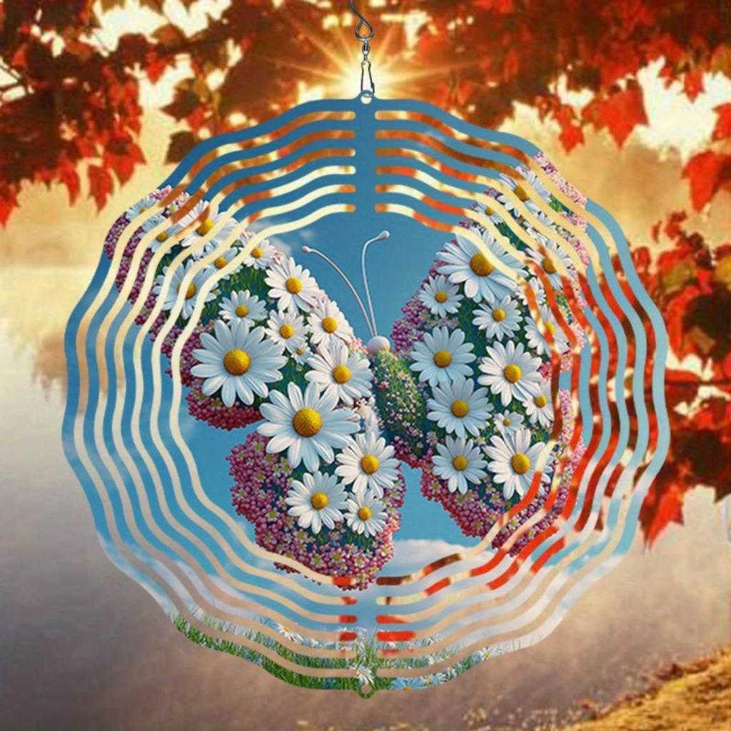 2D Metal Wind Chime with Daisy Butterfly Design for Outdoor Garden Patio Decor No Battery Needed Holiday Gift