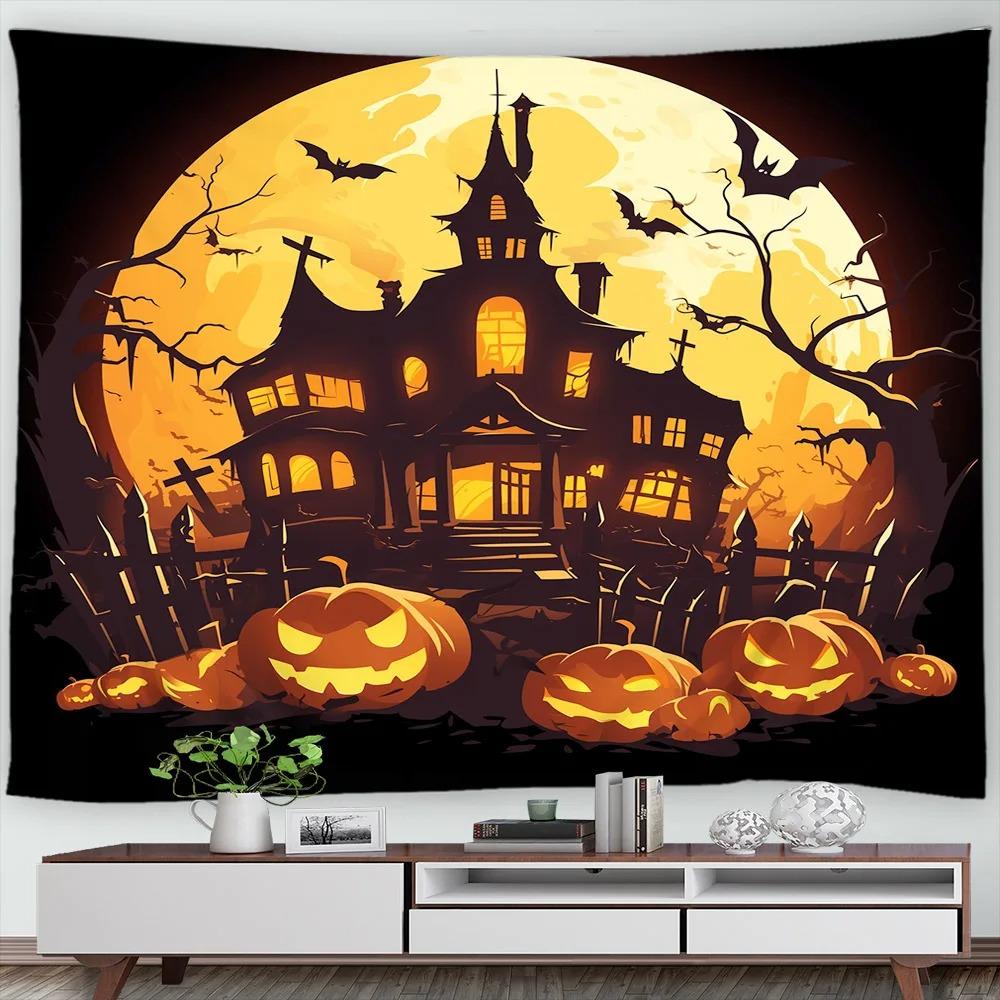 Halloween Decorative Tapestry Pumpkin Lantern Wall Hanging Full Moon Gothic Castle Ghost Bat Tapestry Home Room Decoration