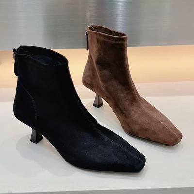 Pointed Toe Women Ankle Boots Suede Mid Heels Sexy Shoes  Trend Winter New Brand Designer Pumps Fashion Goth Botas De Mujer